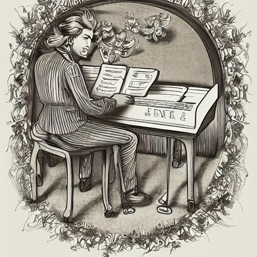 Image similar to beethoven playing piano, graceful, elegant, and sophisticated young chinese model dressed as a bulb of garlic, an ultrafine detailed illustration by james jean, intricate linework, bright colors, final fantasy, behance contest winner, vanitas, angular, altermodern, unreal engine 5 highly rendered, global illumination, radiant light, detailed and intricate environment