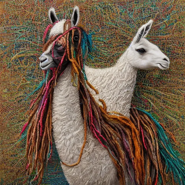 Prompt: llama with dreadlocks, by mandy jurgens, ernst haeckel, el anatsui, by hsiao, james jean