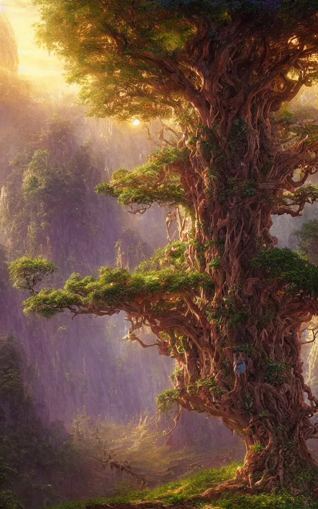 Prompt: beautiful hyper realistic detailed matte painting of fantasy tree of life in garden of eden, hd, hdr, by Moebius and John Howe and Albert Bierstadt and Alena Aenami, cinematic, 8k, ultra detailed, high resolution