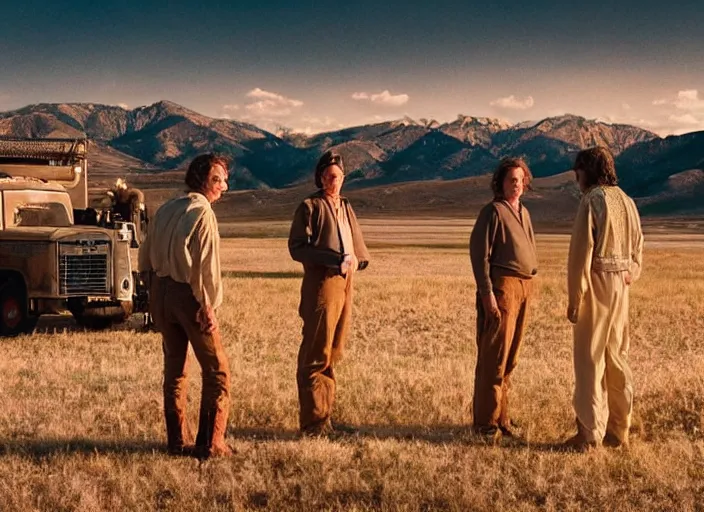 Prompt: first official image from wes anderson's new sci - fi film set in challis!, idaho, sundance official selection, starring ben mendelsohn. shot on alexa mini, stunning cinematography, golden hour, filmgrain, kodak vision 2 0 0 t, shot composition