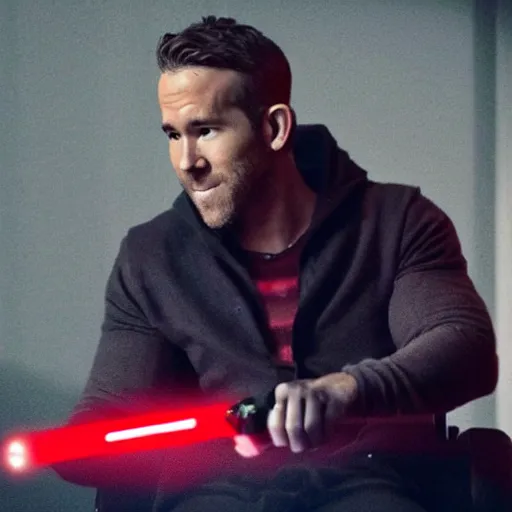 Prompt: ryan reynolds in a wheelchair holding a red lightsaber, good lighting,