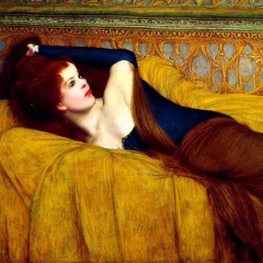 Prompt: preraphaelite photography reclining on bed, a hybrid of judy garland and lene lovich, aged 2 5, big brown fringe, yellow ochre ornate medieval dress, john william waterhouse, kilian eng, rosetti, john everett millais, william holman hunt, william morris, 4 k