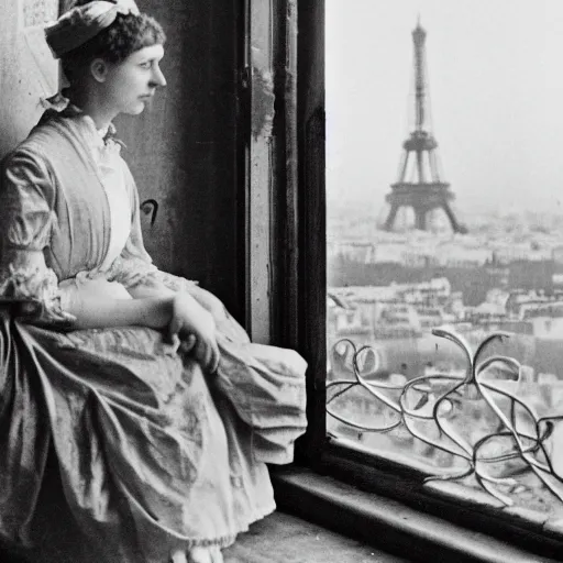 Image similar to a young edwardian woman sits in a window overlooking paris with the eiffel tower visible in the background, the moon is behind the eiffel tower