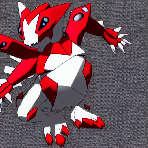 Prompt: guilmon digivolving, flesh ripping to reveal 3 d polygons, digimon