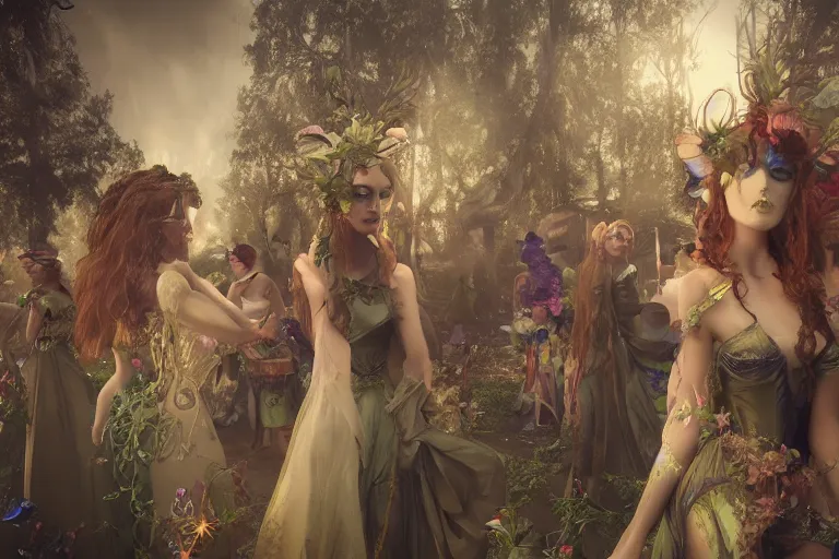 Prompt: enchanted fae carnival, re-raphaelite fairies, featured on artstation, richly dressed crowd, unreal engine, dramatic cinematic lighting smooth, sharp focus, extremely detailed