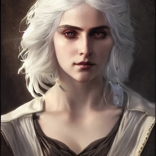 Image similar to Pre-Raphaelite Ciri from Witcher 3 by Artgerm and Greg Rutkowski, intricate, elegant, highly detailed, digital painting, pale