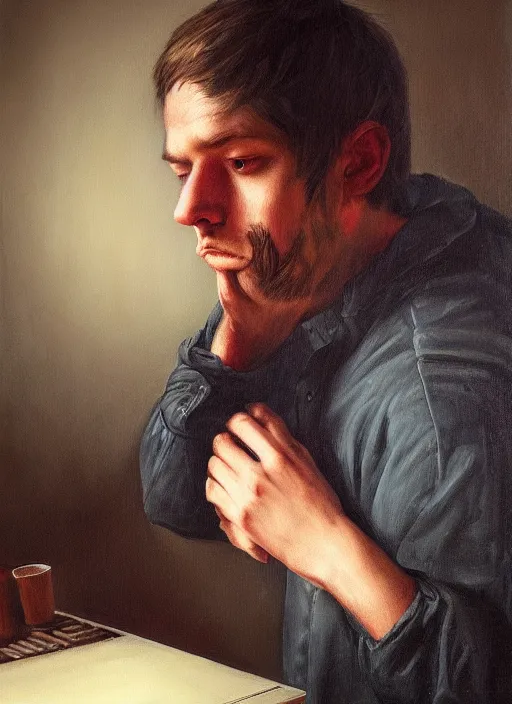 Prompt: portrait of a sleepy - looking programmer guy begging for forgiveness in front of his monitor, oil on canvas, masterwork, fine detail, trending on artstation, emotive, insanely compelling, ryden, koons