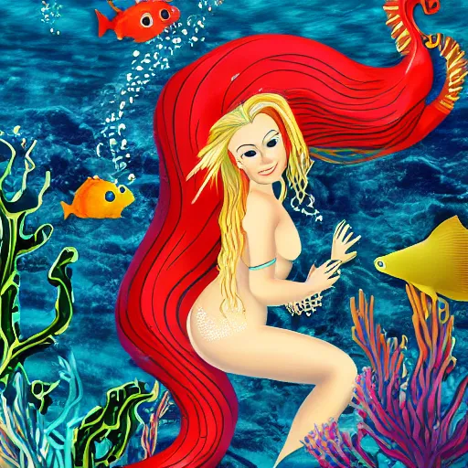 Prompt: detailed photo of alluring blonde mermaid riding a colorful seahorse underwater surrounded by fish