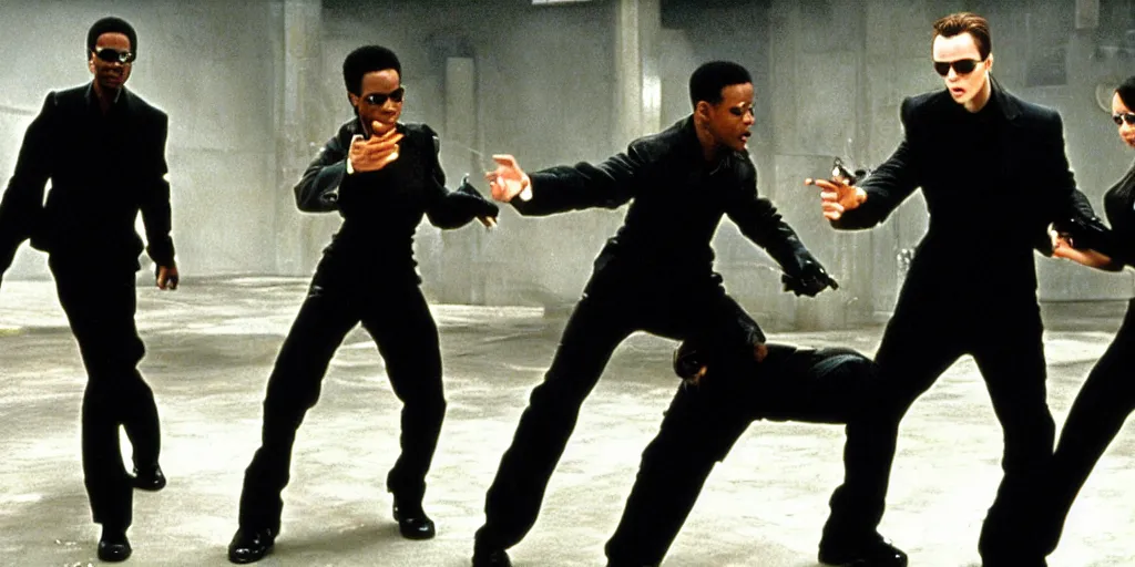 Prompt: the matrix fight scene with will smith as neo, jada pinkett smith as trinity, and chris rock as agent smith
