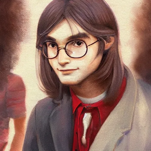 Image similar to a highly detailed epic cinematic concept art CG render digital painting artwork costume design: young Steve Jobs as a student in a 1970sdressed as a hippie playing guitar at a concert. By Greg Rutkowski, Ilya Kuvshinov, WLOP, Stanley Artgerm Lau, Ruan Jia and Fenghua Zhong, trending on ArtStation, made in Maya, Blender and Photoshop, octane render, excellent composition, cinematic atmosphere, dynamic dramatic cinematic lighting, aesthetic, very inspirational, arthouse