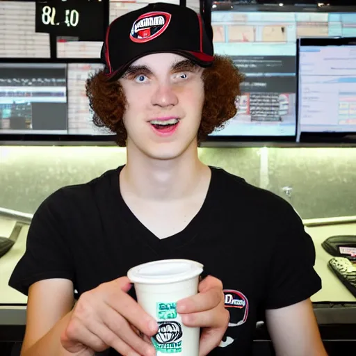 Image similar to 21 year old Jimmy John’s manager with pale skin and brown curly hair is wearing a black baseball cap and tapping a computer screen on the wall