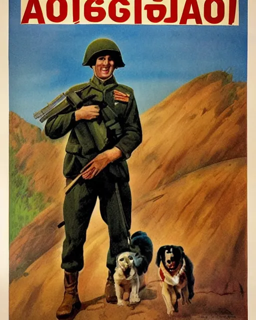 Image similar to soviet propaganda poster of an australian shepherd soldier, soviet art