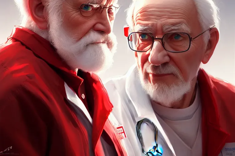 Image similar to a cute female doctor in a white coat, an old man with red t - shirt, cinematic, highly detailed, digital painting, artstation, concept art, matte, sharp focus, illustration, art by artgerm and greg rutkowski