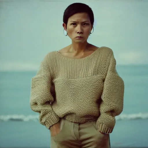 Image similar to filipino woman with short hair wearing an oversized sweater, portrait, colored photo, clear face, by annie liebovitz, david bailey, nan goldin