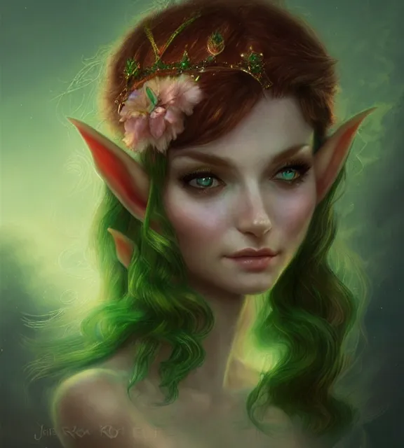 Image similar to cute female elf, perfect face, tiara, pale green halter top, auburn hair, abs, cinematic, blush, stunning, elegant, highly detailed, psychedelic, digital painting, artstation, smooth, hard focus, illustration, art by jessica rossier and and brian froud
