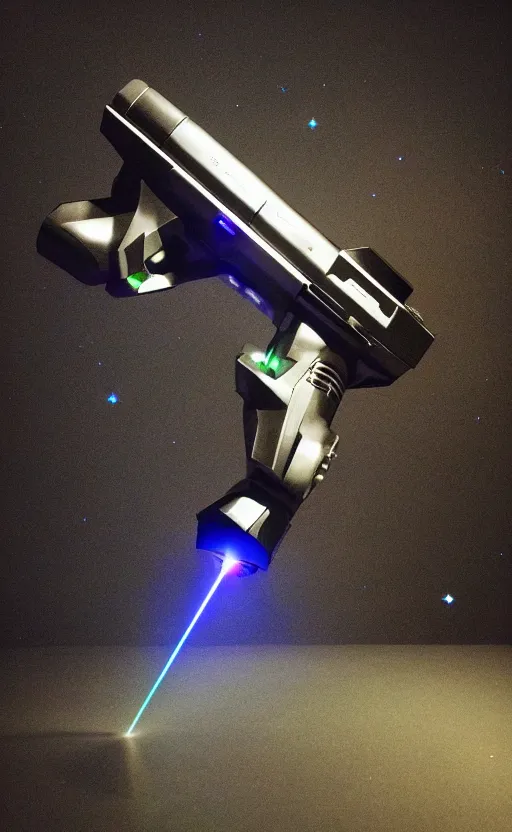 Image similar to “ geometric laser gun, floating in dark space ”