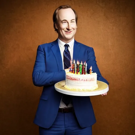 Prompt: bob odenkirk, grinning, holding a birthday cake, 3 7 candles, studio photograph, cinematic lighting