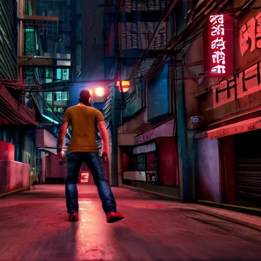 Image similar to sleeping dogs video game gameplay one point perspective. hyperrealistic, 4k, photorealistic, hyper-detaled, global illumination, post processed, hdr, 8k, very very sharp, sharpened, high detail, cinematic, cinematic lightning, cinematic shadows, octane render, high quality textures