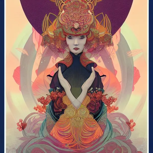 Image similar to asian princess portrait symmetry, with a flower kimono, curvy, royal style, elite, gold, art deco, stylized illustration by peter mohrbacher, moebius, mucha, victo ngai, colorful comic style