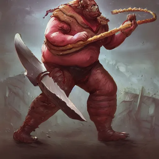 Image similar to a fat fleshy abomination butcher holding a cleaver and a hook hand, meats on the ground, in the style of greg rutkowski, fantasy rpg, league of legends