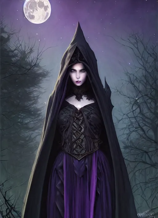 Image similar to moon in the background!!!, full portrait dark witch, adventurer outfit large cloak, fantasy forest landscape, fantasy magic, short purple black fade hair, dark light night, intricate, elegant, sharp focus, illustration, highly detailed, digital painting, concept art, matte, art by wlop and artgerm and greg rutkowski and alphonse mucha, masterpiece