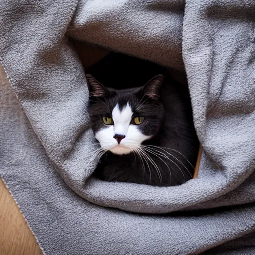 Image similar to a sadcat laying under a blanket, canon eos r 3, f / 1. 4, iso 2 0 0, 1 / 1 6 0 s, 8 k, raw, unedited, symmetrical balance, in - frame