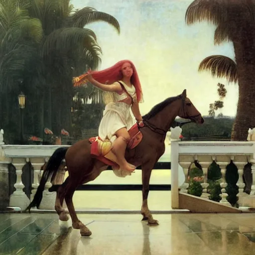 Image similar to Girl riding a horse leaving the palace through the bridge, thunderstorm, beach and palm trees on the background major arcana sky, by paul delaroche, alphonse mucha and arnold böcklin arnold böcklin hyperrealistic 8k, very detailed