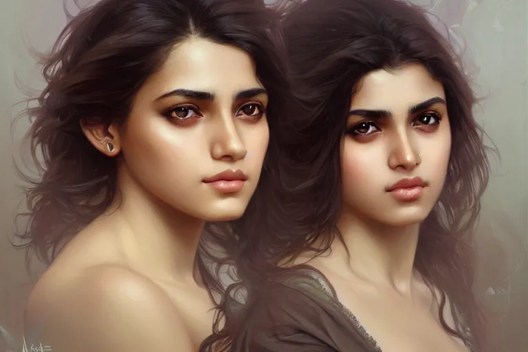 Image similar to sensual good looking pale young bengali girl with soulful eyes with a majestic german shepherd, portrait, elegant, intricate, digital painting, artstation, concept art, smooth, sharp focus, illustration, art by artgerm and greg rutkowski and alphonse mucha