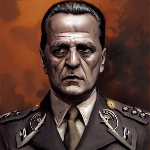 Prompt: holy protector marshal josip broz tito painfully mourning the death of yugoslavia, colourised, face portrait, epic, military art, fantasy, dieselpunk, hd shot, digital portrait, beautiful, artstation, comic style, by artgerm, guy denning, jakub rozalski, magali villeneuve and charlie bowater