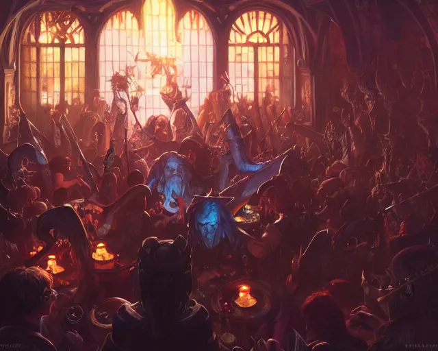 Image similar to photography of blind guardian playing a tavern concert, 8 k, deep focus, d & d, fantasy, intricate, elegant, highly detailed, digital painting, artstation, concept art, matte, sharp focus, illustration, hearthstone, art by artgerm and greg rutkowski and alphonse mucha