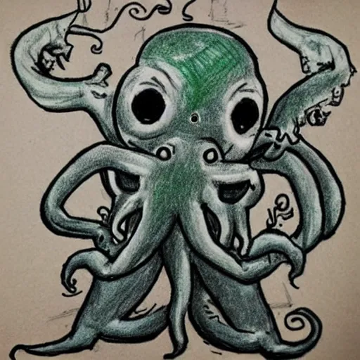 Image similar to “ a child ’ s drawing of himself with his imaginary friend cthulhu ”