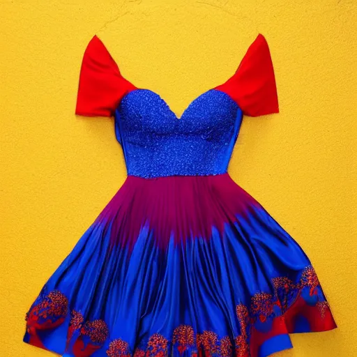 Image similar to A beautiful dress colored red, blue, yellow