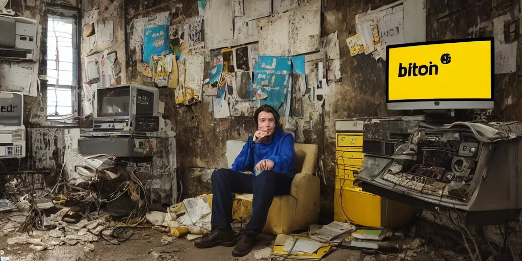 Image similar to typical cryptocurrency nerd, sitting in front of old 9 0's computer, yellow bitcoin posters on walls, shilling, crt tubes, cables everywhere, damp basement decay fat and dirty, scruffy looking, claustrophobia, humidity mold, award - winning photomanipulation