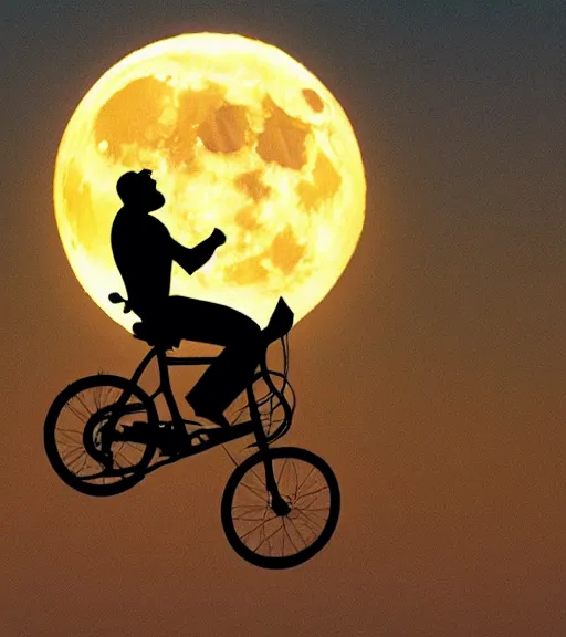 Image similar to the hulk is riding a flying bike across the full moon as silhouette, from the movie e. t. the extra terrestrial, with dark trees in foreground, cinematic frame by steven spielberg, hd