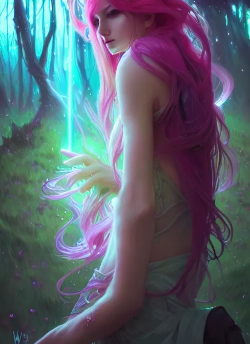 Image similar to stunningly beautiful female neon hair, fantasy art, fae priestess, mushroom forest landscape, dark light night, sharp focus, digital painting, 4 k, concept art, art by wlop, artgerm, greg rutkowski and alphonse mucha