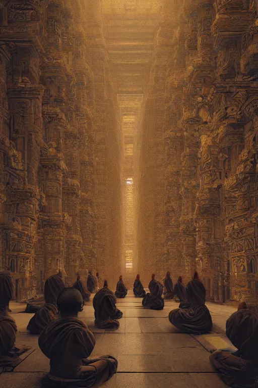 Prompt: inside an ancient temple, portrait, monks praying in rows, powerful, intricate, elegant, volumetric lighting, scenery, digital painting, highly detailed, artstation, sharp focus, illustration, concept art, ruan jia, steve mccurry