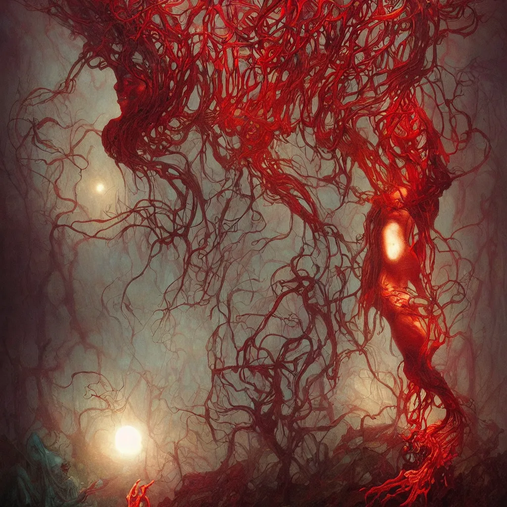 Image similar to colorful fungus monsters by beksinski and artgerm, red veins by alphonse mucha, intense lighting, light beams, lens flare, intricate, elegant, nightmare, highly detailed, digital painting, artstation, concept art, smooth, sharp focus, illustration