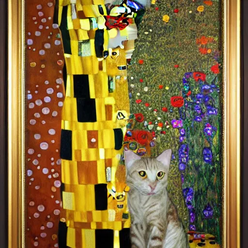 Prompt: cat sitting and a glass of vine, Gustav Klimt, sharp,oil painting