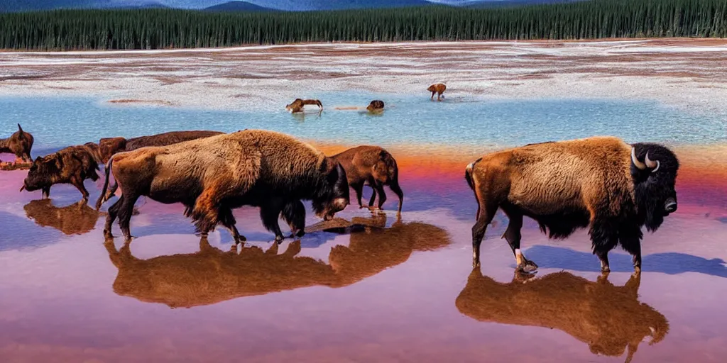 Prompt: bison and wolves swimming in grand prismatic spring