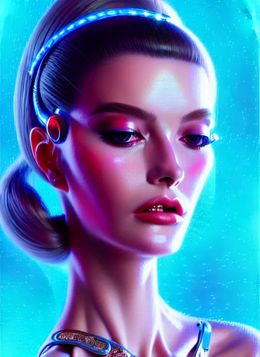 Image similar to photorealistic portrait of female humanoid, highly intricate, retro 6 0 s haute couture fashion, elegant, highly detailed, crispy quality and cyber neon light reflections, artstation, pinterest, glamor pose, no signature, no watermark, art by artgerm and greg rutkowski