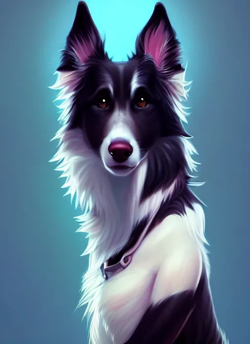 Image similar to close up beautiful full body portrait of a cute male anthropomorphic anthro border collie fursona wearing a tank top, character design by charlie bowater, henry asencio, and ross tran, furry art, furaffinity, beautiful, glamor pose, detailed, aesthetic, trending on artstation