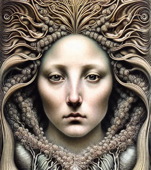 Image similar to detailed realistic beautiful shell goddess face portrait by jean delville, gustave dore, iris van herpen and marco mazzoni, art forms of nature by ernst haeckel, art nouveau, symbolist, visionary, gothic, neo - gothic, pre - raphaelite, fractal lace, intricate alien botanicals, ai biodiversity, surreality, hyperdetailed ultrasharp octane render