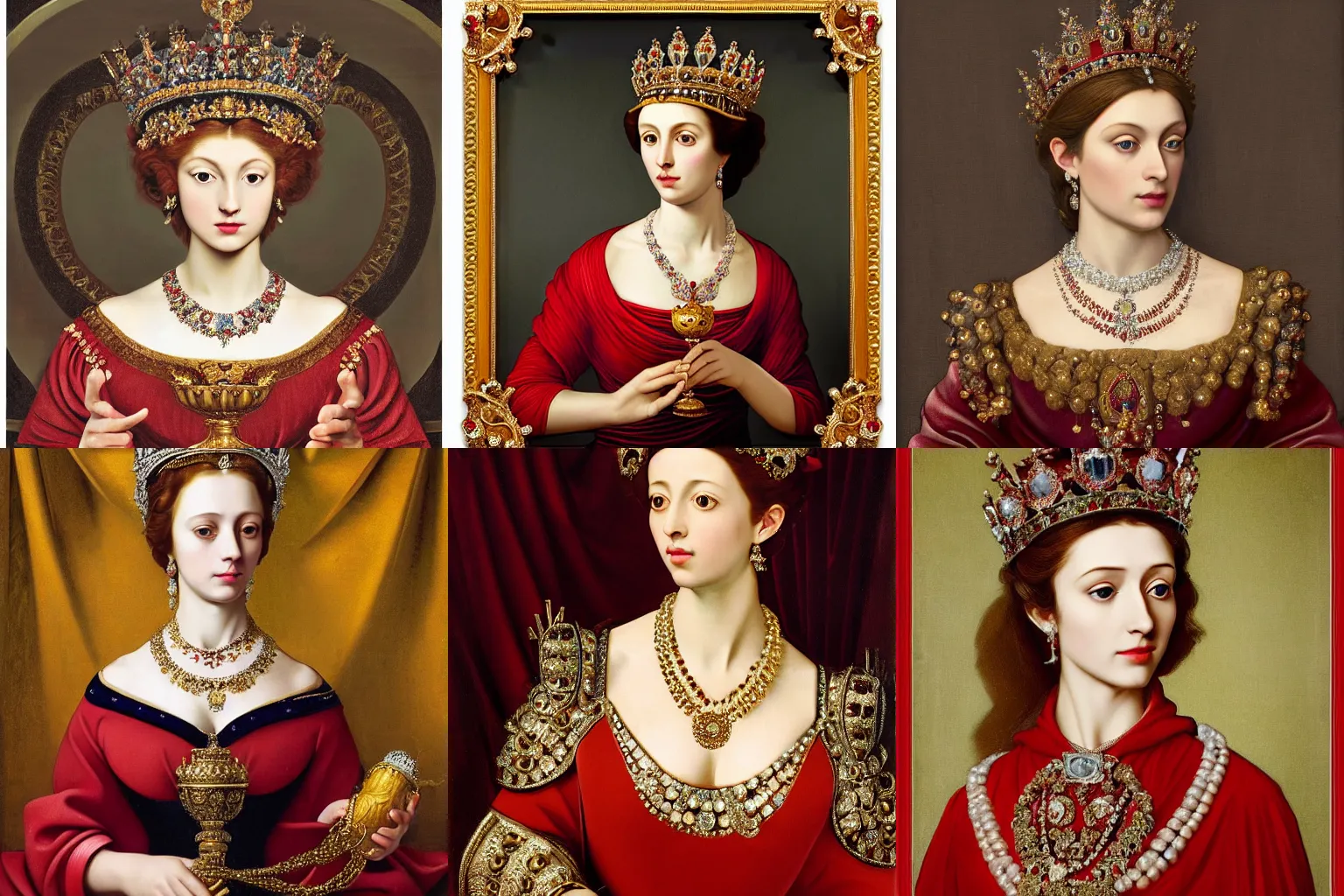 Image similar to A extremely highly detailed majestic hi-res beautiful head and shoulders painting of a beautiful woman wearing a long royal red silk dress, the crown jewels is on her head and she is holding a golden goblet and around her neck is a ornate golden necklace decorated with diamonds and rupees by Michelangelo Merisi da Caravaggio, high detail, hyperrealistic, photorealistic, octante render, cinematic, high textures, royaltly, royal, hyper sharp, 4k insanely detailed and intricate, hypermaximalist, 8k, hyper realistic, super detailed, 4k HDR hyper realistic high,