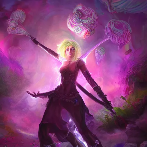 Prompt: Long Shot of psychodelic ciri in mysterious astral temple jumpin with pistol in river of chromatic SPIRITS , beautiful, dmt, trending on artstation, omnious, soft, hypermaximalistic, high details, cinematic, 8k resolution, artwork by Wong, Liam