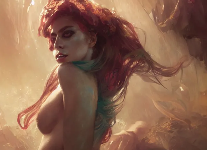Image similar to lady gaga as a mermaid, intricate, sharp focus, lens flare, bloom, illustration, highly detailed, digital painting, concept art, matte, art by ruan jia and wlop and greg rutkowski