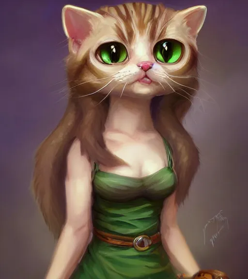 Image similar to cute little anthropomorphic Cat with big green eyes in summer dress, tiny, small, short, outfit, cute and adorable, pretty, beautiful, DnD character art portrait, matte fantasy painting, DeviantArt Artstation, by Jason Felix by Steve Argyle by Tyler Jacobson by Peter Mohrbacher, cinematic lighting