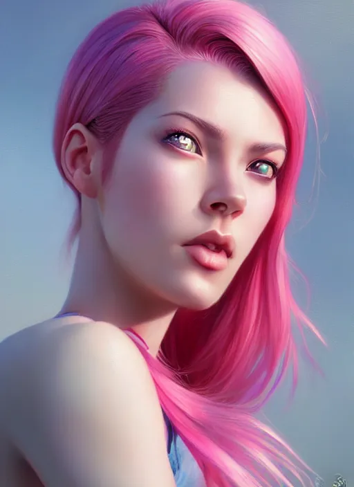 Image similar to photo of a gorgeous young woman with pink hair, in the style of stefan kostic, realistic, sharp focus, 8k high definition, insanely detailed, intricate, elegant, art by stanley lau and artgerm