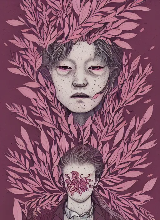 Image similar to portrait, nightmare anomalies, leaves by miyazaki, violet and pink and white palette, illustration, kenneth blom, mental alchemy, james jean, pablo amaringo, naudline pierre, contemporary art, hyper detailed