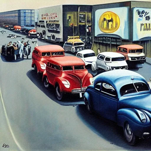 Image similar to a beautiful surrealist painting depicting being stuck in traffic. oil on canvas, 1 9 4 0. trending, high quality, high resolution, detailed