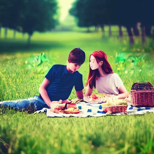 Image similar to a boy and a girl having a picnic in a beautiful field, aesthetic, beautiful, symmetrical face, vfx, 8 k, aesthetic